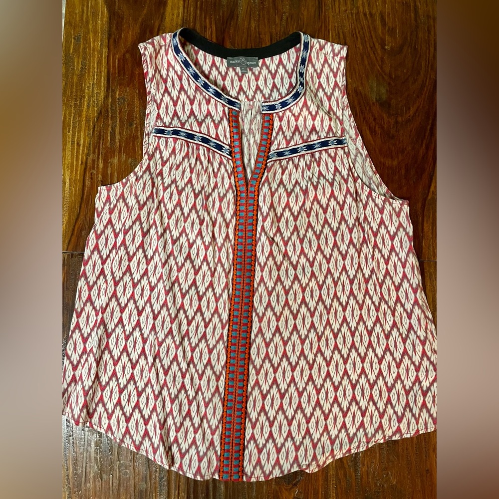 Market & Spruce red and ivory sleeveless top with embroidered trim size XL